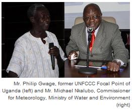 Mr. Philip Gwage, former UNFCCC Focal Point of Uganda (left) and Mr. Michael Nkalubo, Commissioner for Meteorology, Ministry of Water and Environment (right)
